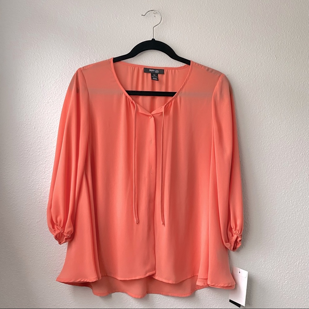 NWT Coral Orange Spanish Gardens Sheer Button Blouse Top